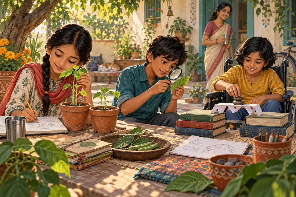 भारतीय आँगन में पौधे, पत्ती और कागज़ का पुल जाँचते बच्चों का कल्पना-चित्र